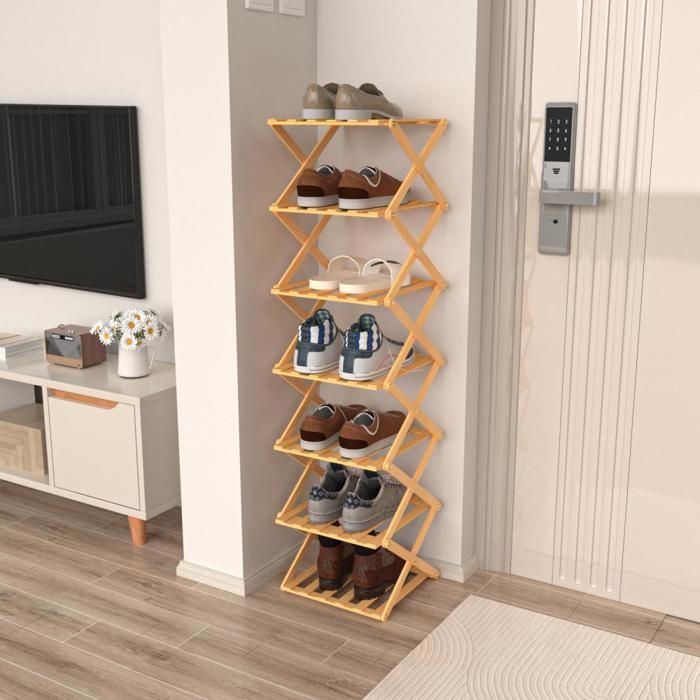 B.LIVEM Étagère à Chaussures en Bambou - Étroite à 7 Niveaux - Verticale - Petite Étagère à Chaussures pour Entrée Armoire