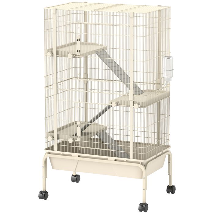 Comparer les prix de Grande cage enclos lapin - PawHut - 4 niveaux 2 portes 3 rampes plateau profond et roulettes - 69 x 44 x 120 cm - beige