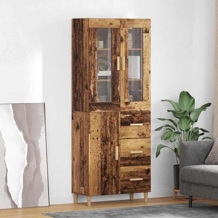 Buffet haut bois ancien style campagne en bois dingénierie 69 5x34x180 cm avec portes rangement pour salon et salle à manger