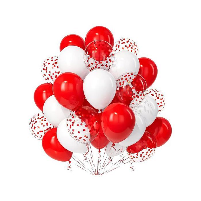 Ballons en latex - YIRAN - Lot 30 - Rouge/Blanc/Transparent confettis - Biodégradable - Gonflable hélium