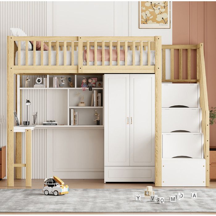 Lit mezzanine 90 x 200 cm en bois massif avec armoire bureau étagère et escalier de rangement