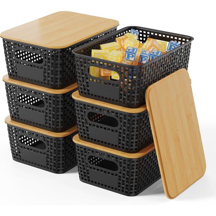 Boîtes de Rangement en Lot de 6 - avec Couvercles Bambou - 5 L Noir