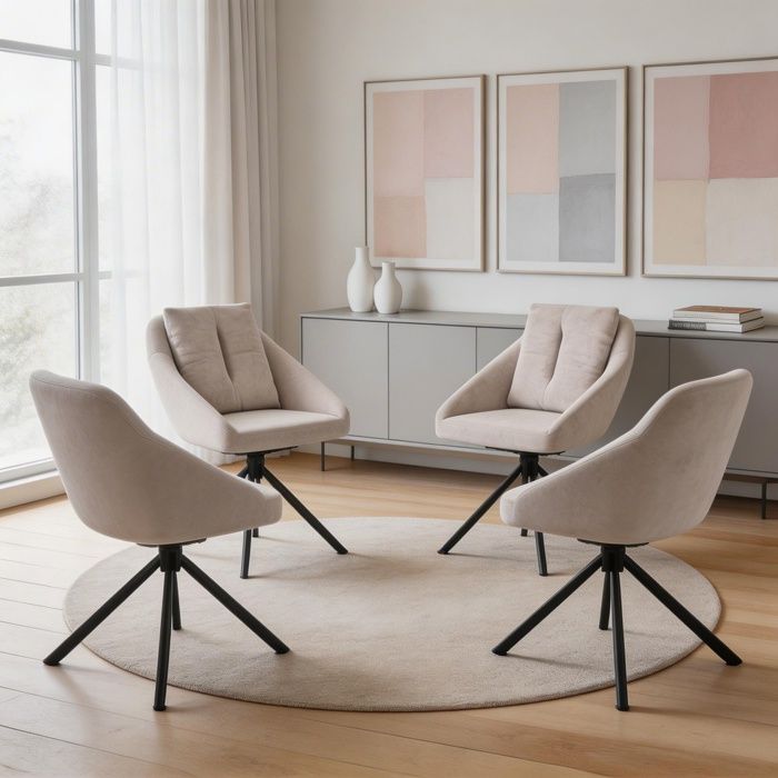 Chaise salle à manger - N634P180679B - Velours beige - Pivotante avec roulettes - Structure métal (lot de 4)