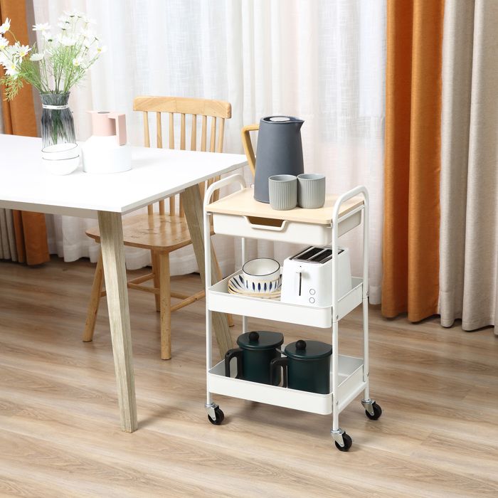 MOTHINESSTO1273-Desserte de cuisine chariot de service 2 étagères tiroir plateau aspect bois clair acier PP blanc