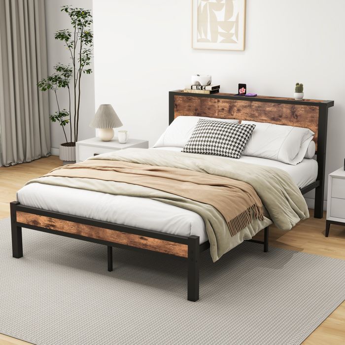 Lit double brun antique 140×200 cm sommier à lattes inclus rangement sous lit 27 cm matelas non inclus