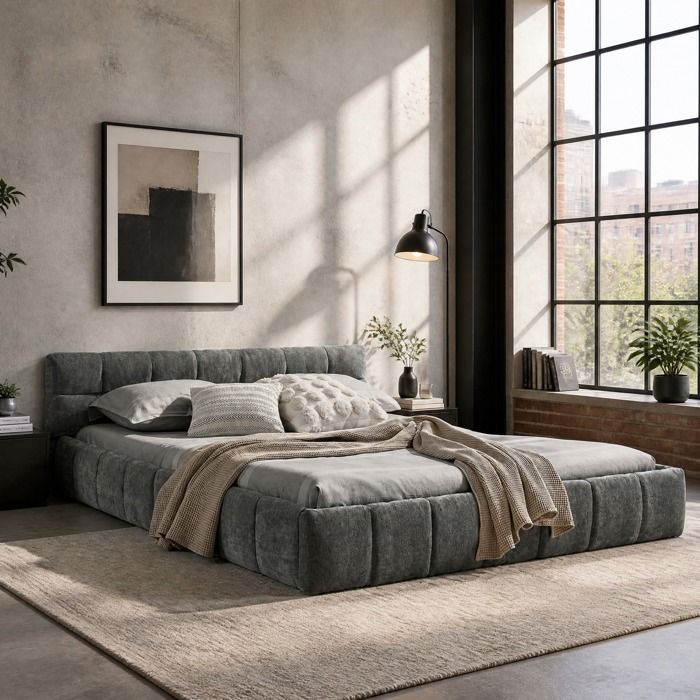 ULEVR lit double 140 x 200 cm en chenille gris foncé sommier à lattes inclus cadre en bois et fer sans matelas