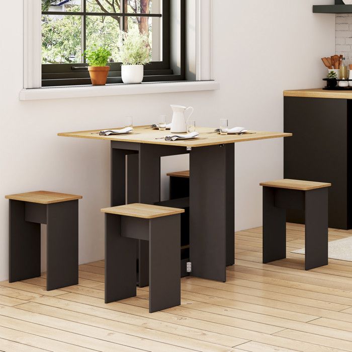 IDMARKET Ensemble table console pliable EDI 2-4 personnes bois noir et plateau façon hêtre avec 4 tabourets