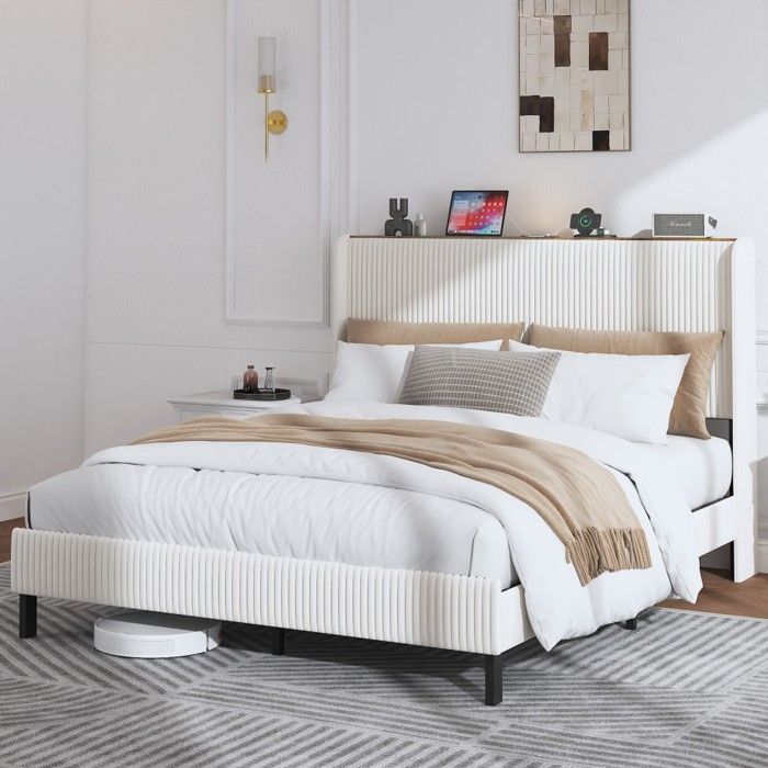 Lit double 160x200 beige crème - tête tissu - bords arrondis - antidérapant silencieux - sommier lattes métal - Sans Matelas Lit double 160x200 beige crème - tête tissu - bords arrondis - antidérapant silencieux - sommier lattes métal - Sans Matelas
