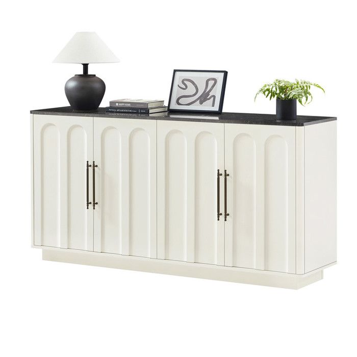 Buffet 4 portes en arc charnières fermeture douce + anti-basculement largeur 160 cm rangement salon/salle à mangerblanc et noir