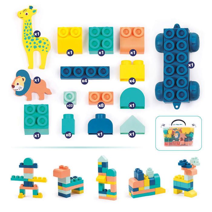 Jeu dassemblage - Briqui - 53 pièces - Briques douces en caoutchouc - Pour enfant bleu