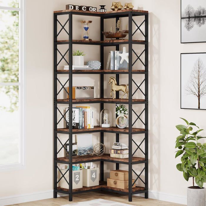 Bibliothèque dangle à 7 niveaux - grand meuble de coin moderne-étagère de rangement avec cadre métallique-bureau à domicile-Marron