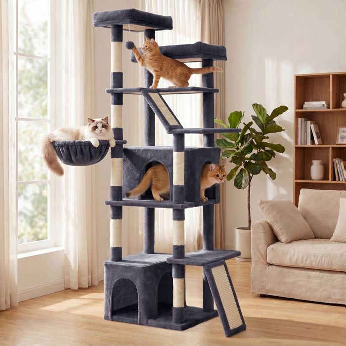 Grand Arbre à Chat Robuste pour Chats d’Intérieur Tissu Peluche Gris Foncé