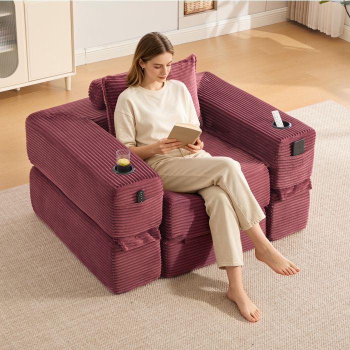 Canapé clic-clac velours côtelé assise ferme et stable poche latérale porte-gobelet sous vide