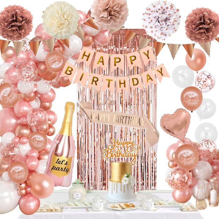 Kit déco anniversaire rose or et blanc Ballons banderole Joyeux Anniversaire pompons confettis rideau Pour fille et femme