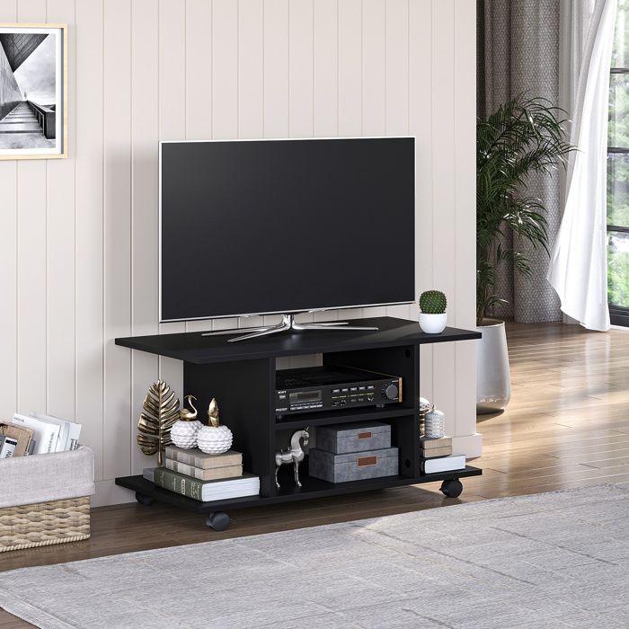 Meuble TV - PAGE LIVING - 180x40x40 cm - Noir - Roulettes pivotantes avec freins - Style scandinave