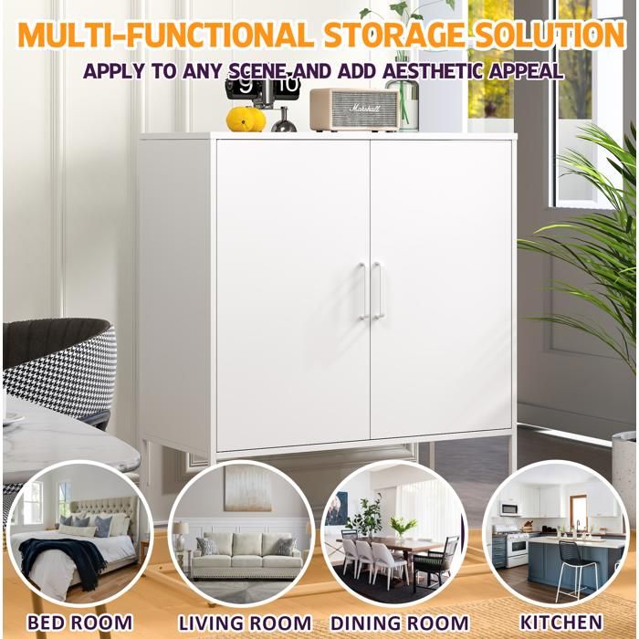 Buffet haut en métal blanc 85 x 40 x 109 cm 2 étagères fixes portes magnétiques