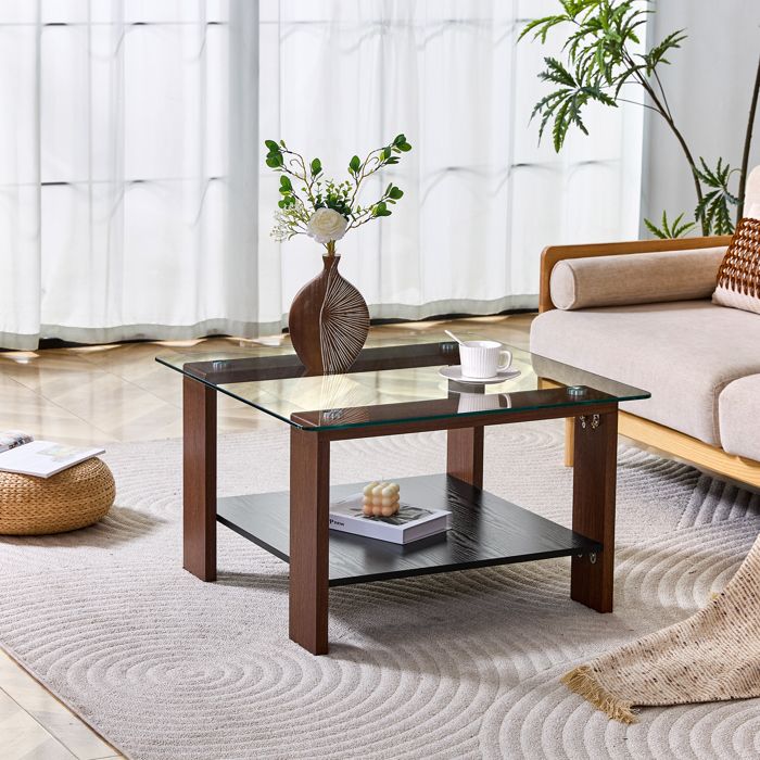Table basse - ZEVKOR - 65×41×455 cm - MDF aspect noyer - Plateau verre trempé - 1 étagère de rangement