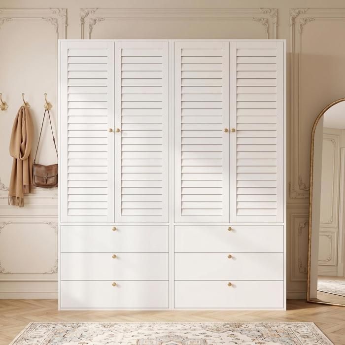 Armoire chambre à 4 portes + 6 tiroirs portes à persiennes blanc 180x50x200cm Armoire à portes battantes avec 2 tringles à vêtements