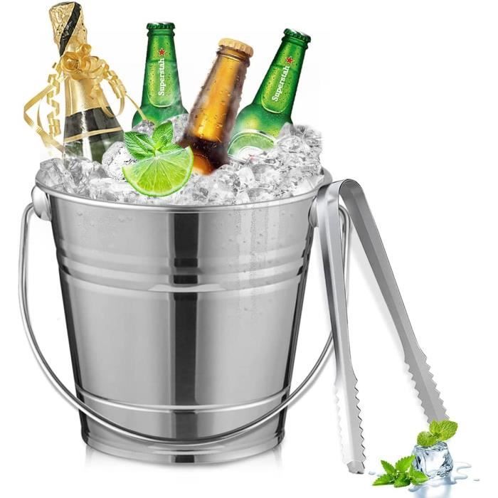Seau à Glaçons Isotherme Inox 1,3L Avec Couvercle Bambou, Passoire Et Pince - Garde Le Froid Longtemps