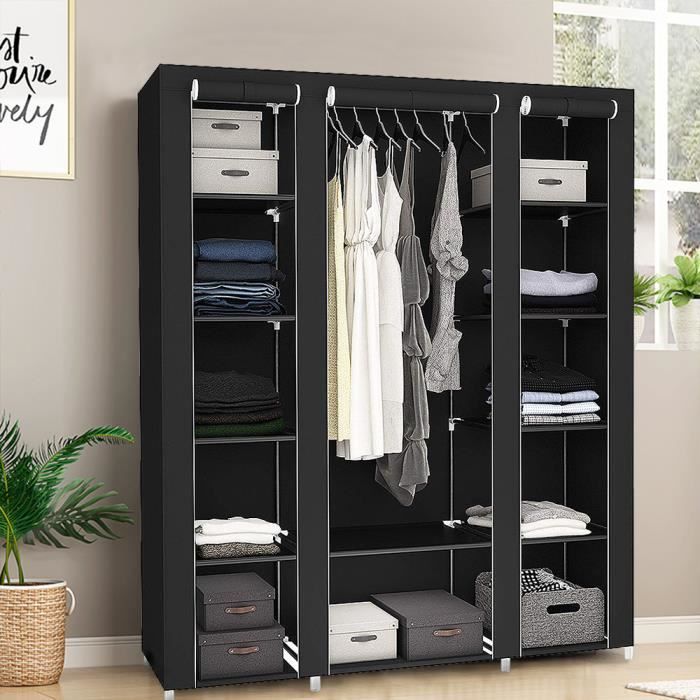 Armoire Penderie De Suspension Meuble De Rangement De Chambre En En Tissu Noir Avec 3 Portes Achat Vente Armoire De Chambre Armoire Penderie De Cdiscount