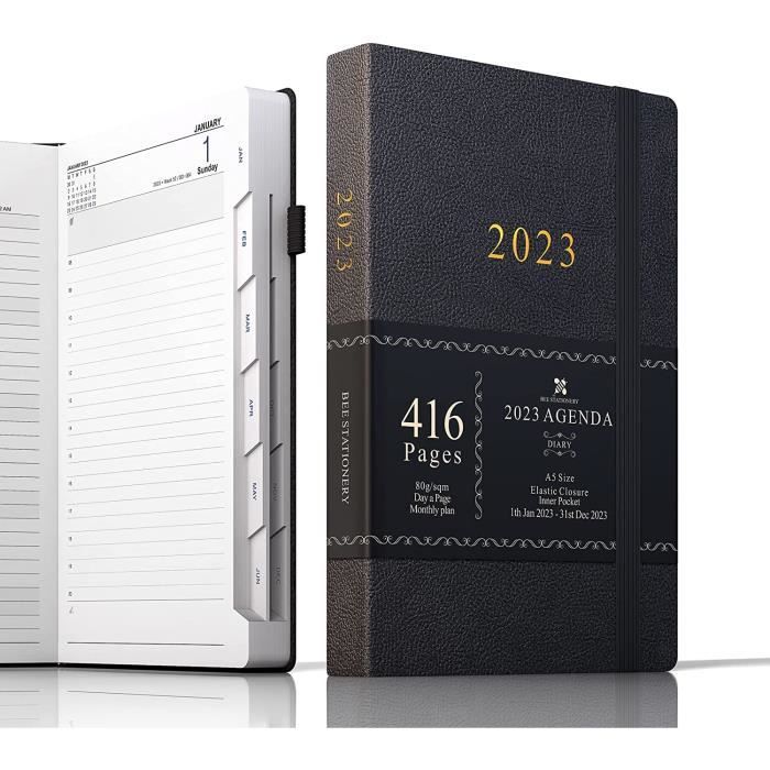 BEE STATIONERY Agenda 2023 Journalier, A5 Planner Total 416 Pages Avec