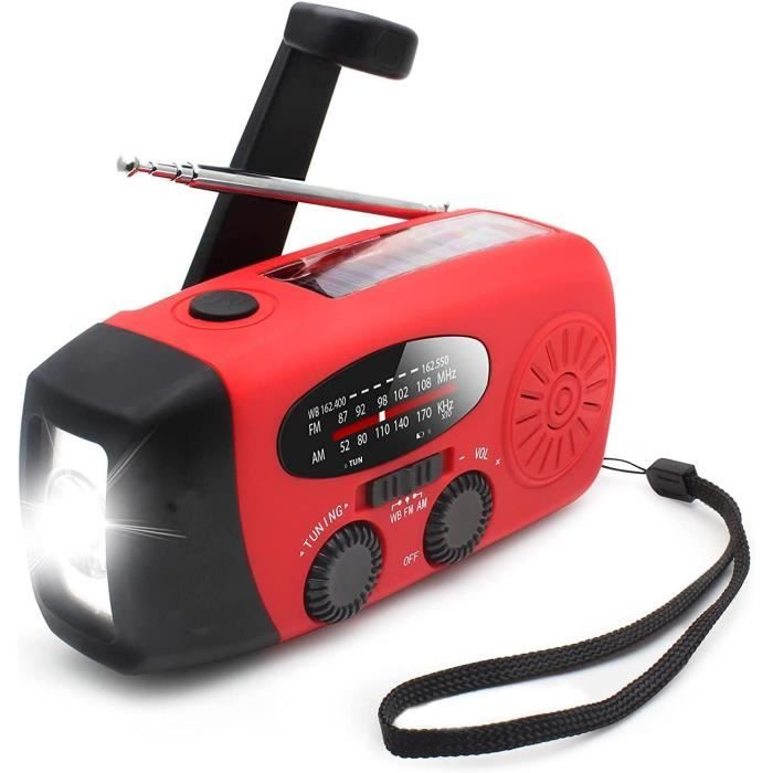 Radio météo d'urgence 12 000 mAh Radio solaire à manivelle Radio portable AM/FM/NOAA avec 2