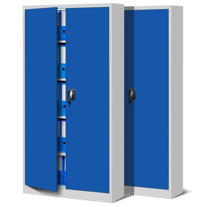 armoire de bureau métallique - set de 2 - gris/bleu - 185x90x40cm - 4 étagères réglables