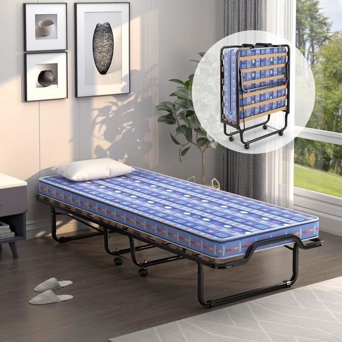 COSTWAY Lit dAppoint Pliable sur Roulettes - 80 x 200 CM - Lit Pliant - Matelas en Mousse 10 CM - 15 Lattes de Lit en Bois - Bleu COSTWAY Lit dAppoint Pliable sur Roulettes - 80 x 200 CM - Lit Pliant - Matelas en Mousse 10 CM - 15 Lattes de Lit en Bois - Bleu
