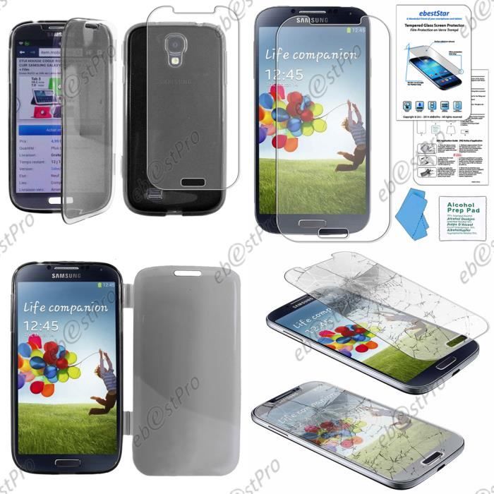 Film Verre Trempé pour Samsung Galaxy S4 i9500 i9505 + Coque gel rabat, Noir
