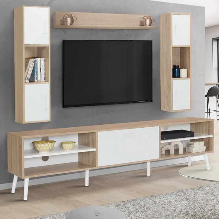 ID MARKET ensemble meuble tv HOUSTON 5 portes et 1 tiroir 180 cm bois clair avec étagères murales ID MARKET ensemble meuble tv HOUSTON 5 portes et 1 tiroir 180 cm bois clair avec étagères murales
