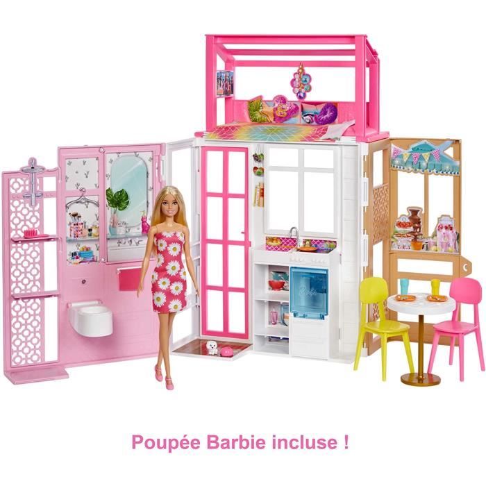 Barbie Mobilier Coffret Maison transformable, 2 niveaux, meublée, 4 zones de jeu, avec poupée,