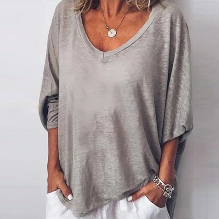 Blouse Femme Grande Taille Longue Col En V Couleur Unie