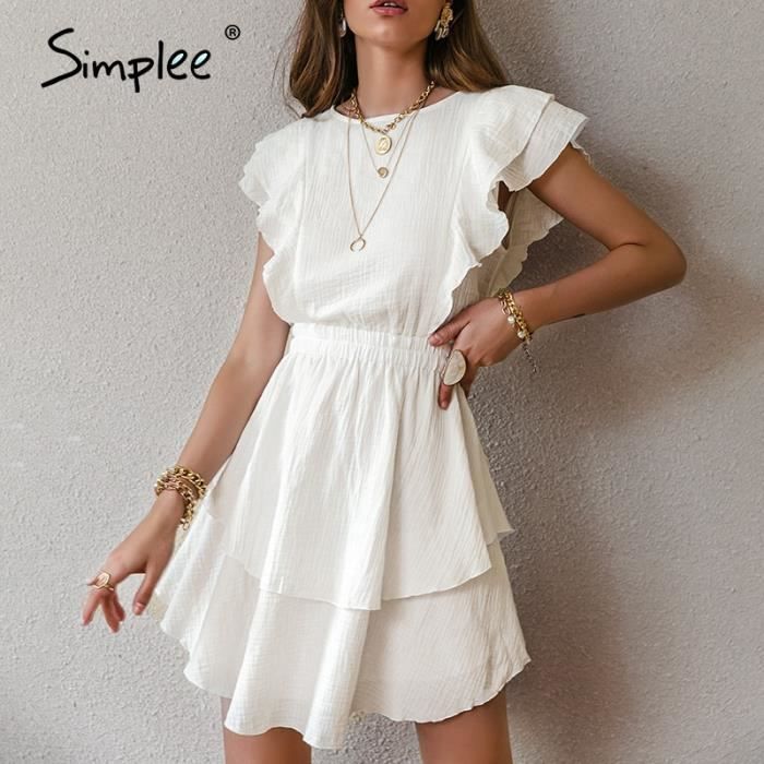 Robe mi longue en coton blanc pour femme Simplee Tenue chic A volants Taille haute Blanc Cdiscount Pret a Porter