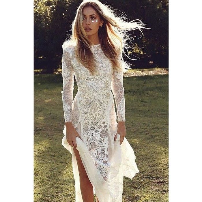 Robe de soiree en dentelle blanche Vintage Manches longues Dos nu Maxi Ete 2021 Blanc Cdiscount Pret a Porter