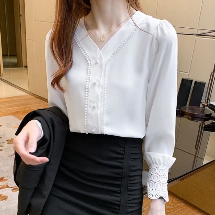 Chemise,Chemisier en mousseline de soie pour femmes, chemise coréenne à  manches longues, col en V, broderie en WHITE[B4766]