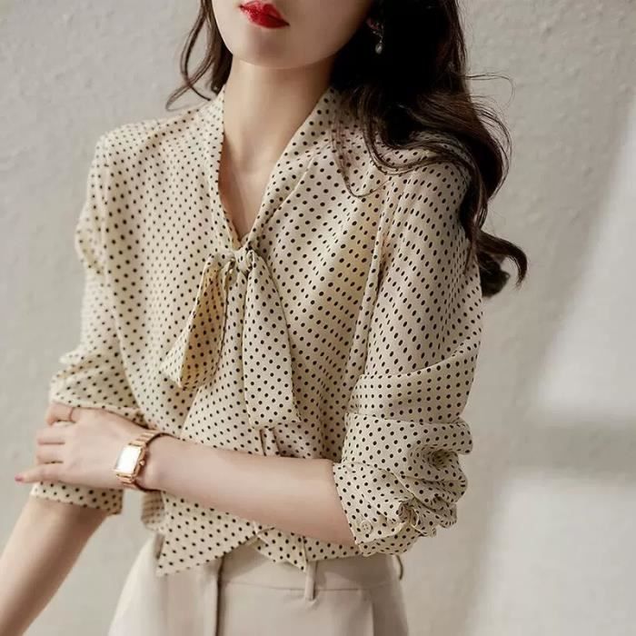 Chemise Chemisier en mousseline de soie imprime a pois de haute qualite col avec n ud blouse ample decontractee pour Apricot D93 Blanc Cdiscount Pret a Porter