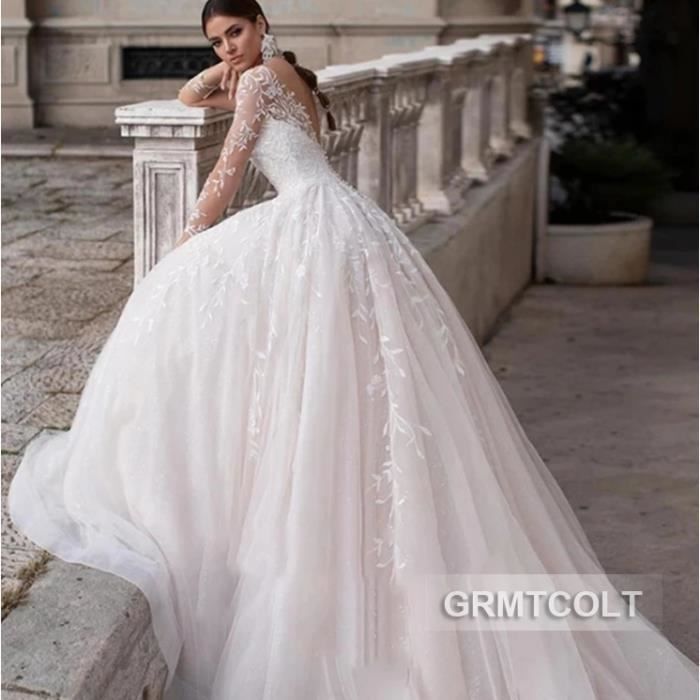 Robe De Mariée En Tulle & Dentelle – Manches Longues – Dos Nu & Applications – Style Bohème & Princesse