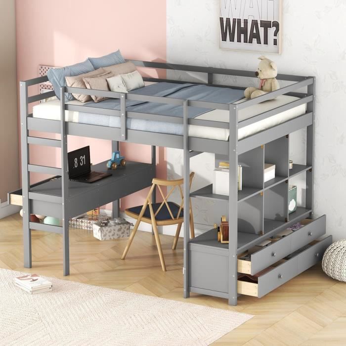 lit mezzanine enfant avec bureau et tiroirs de rangement - jaerliub - gris - bois massif - 140x200cm