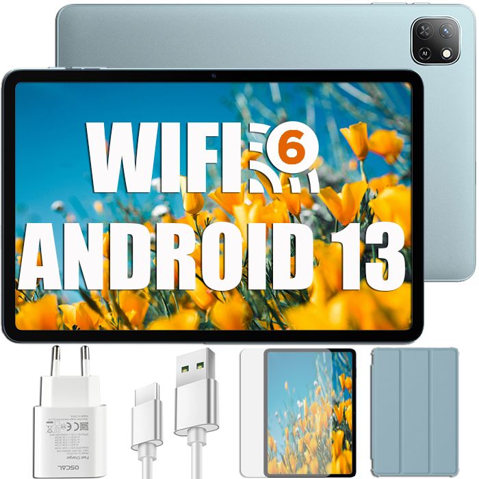 Oscal Pad 50 WiFi Tablette Tactile 10.1 pouces HD+ IPS Android 13 2.4G+5G WiFi 6 RAM 6 Go ROM 64 Go-SD 1 To 5100mAh – Bleu