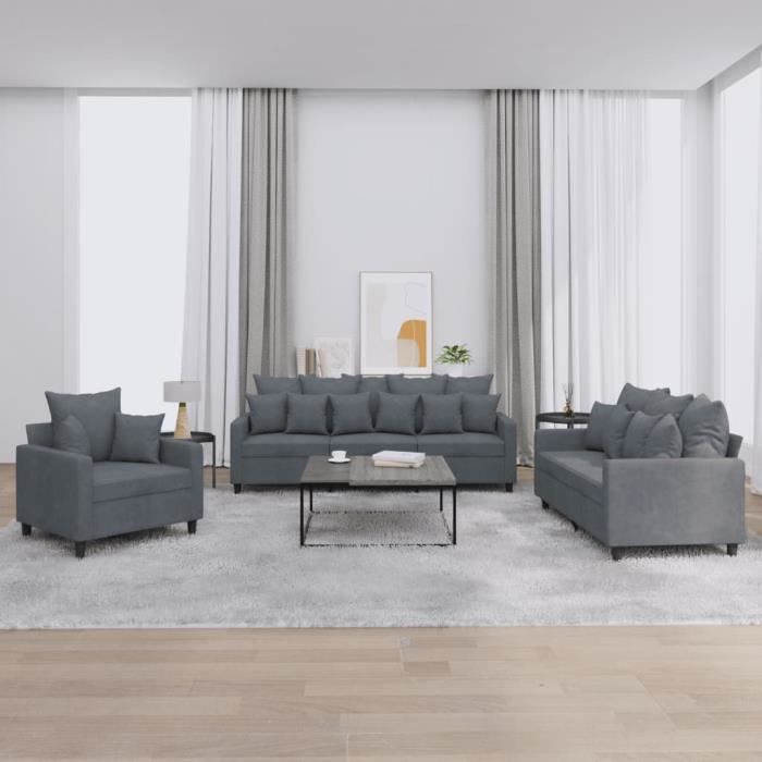 Ensemble de canapés - SALUTUYA - BD6043 - 3 pcs - Velours gris foncé - 3 places