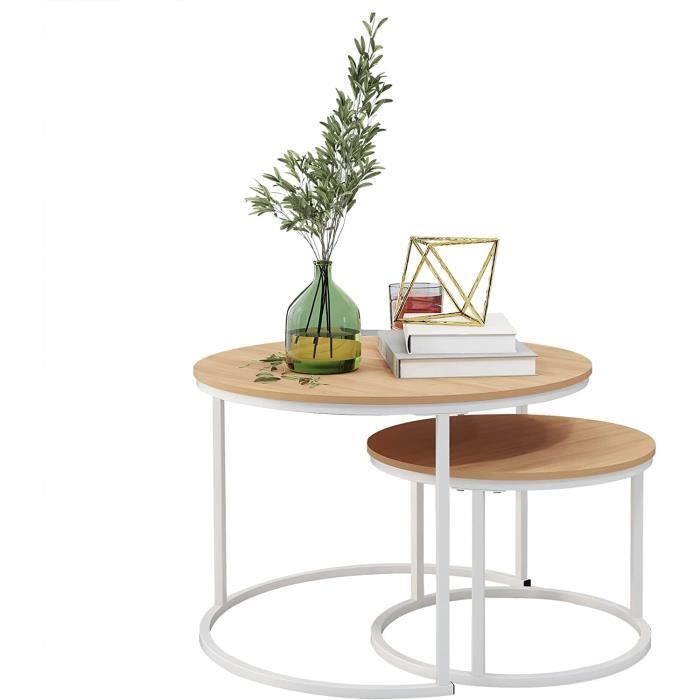 Lot De 2 Tables Basses Rondes Gigognes - Plateau MDF Grain Bois, Piètement Lattes, Pour Salon/bureau