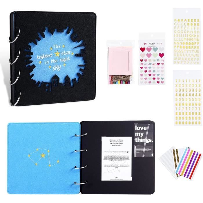 Album Photo Scrapbooking Noir Fousenuk - 80 Pages Grand Format 29x21.5cm Avec Marqueurs, Pochoirs, Autocollants Et Washi Tape Pour Créations Uniques