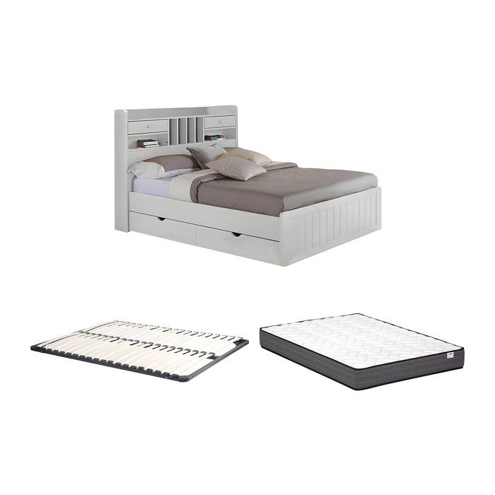Lit avec rangements 140 x 190 cm - Pin - Blanc + Sommier + Matelas - MEDERICK