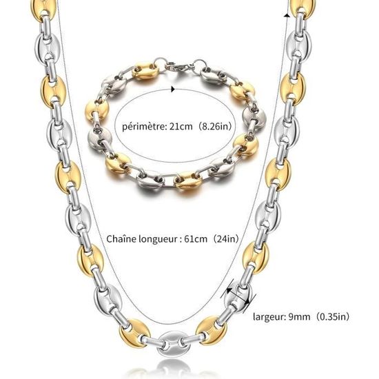Collier Homme Grain De Café Acier Inoxydable 55 Cm | Alternance Argenté Et Doré | Neuf Sans Emballage