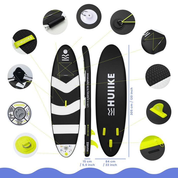 Paddle Gonflable HUIIKE – 305x84x15 Cm, 2 Places, 130 Kg, Kit Complet Pompe Pagaie Sac – SUP Pour Randonnée, Yoga, Pêche