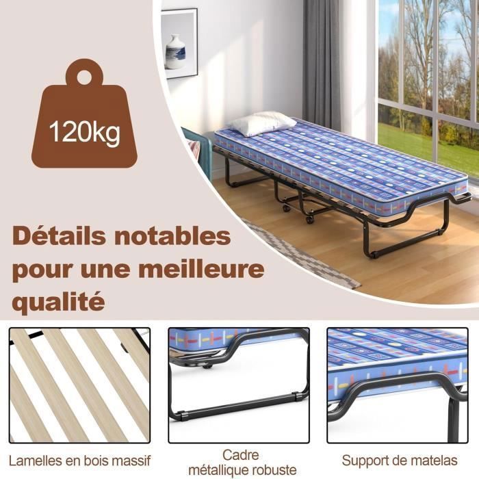 Lit Pliant KESSER 200x90 Cm Avec Matelas Mémoire De Forme – Charge 250 Kg, Roulettes, Rangement Facile, Pour Adulte Voyage - 4