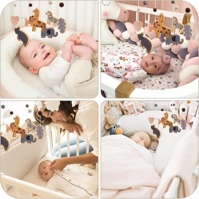 Mobile Bébé En Bois Animaux Feutre - Éléphant Girafe Lion Nuage - Décoration Chambre Nouveau-né 0-12 Mois