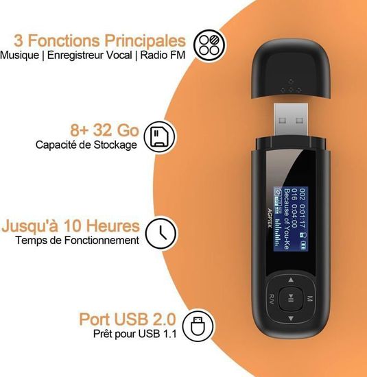 Lecteur MP3 Portable AGPTEK 8Go Avec Écran LCD - Baladeur USB, Radio FM, Enregistreur Vocal | Pile AAA | Sans Écouteurs
