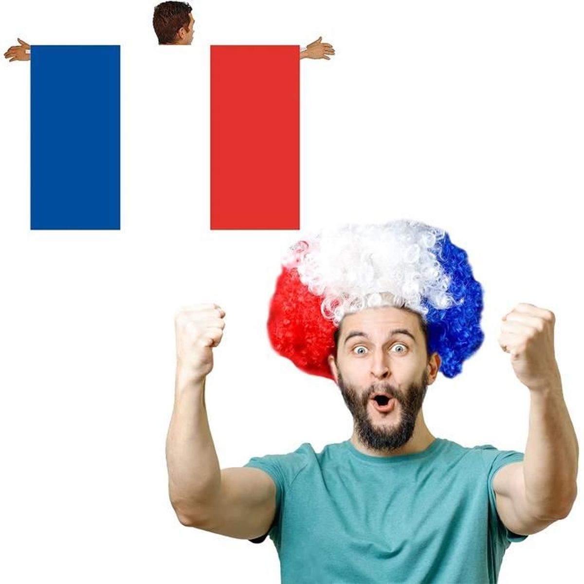 Cape drapeau français et perruque afro pour les fans de football