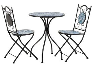 Ensemble table et chaise de jardin Ensemble de table ronde et 2 chaises en fer forgé coloris noir et mosaïque multicolore